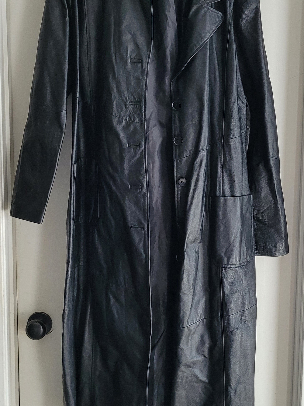 Women's Black Long Leather Trench Coat - Classic Style